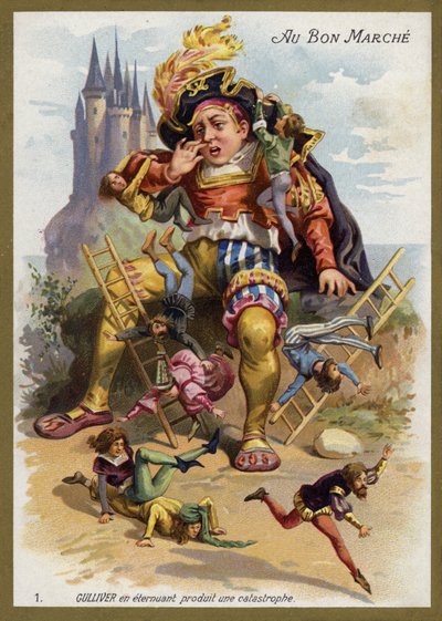 Gulliver aivastaa ja aiheuttaa katastrofin (chromolitho) tekijältä French School
