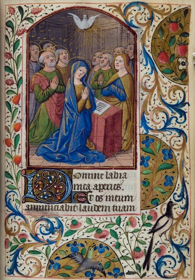 H/L-3-3 fol. 104r helluntai, kirjasta Tuntikirja, Pariisin käyttö, 1400-luvun puoliväli tekijältä French School