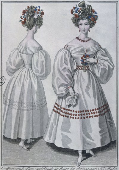 Hiustyyli luonnonvaraisten kukkien seppeleellä, Pariisi, 1829 (värikaiverrus) tekijältä French School
