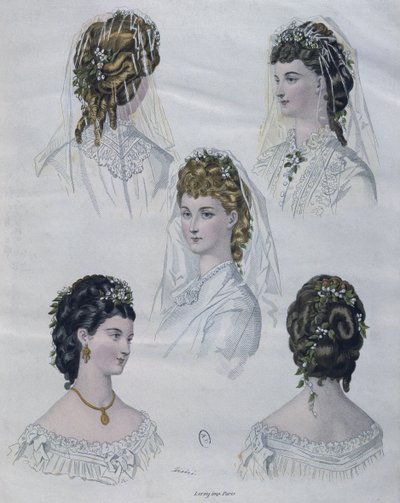 Hiustyylit, kuvitus La Mode illustreesta, 1872 (värikaiverrus) tekijältä French School