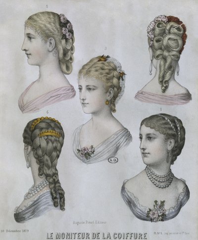 Kampaukset, kuvitus Le Moniteur de la Coiffuresta, 10. joulukuuta 1879 (värikaiverrus) tekijältä French School