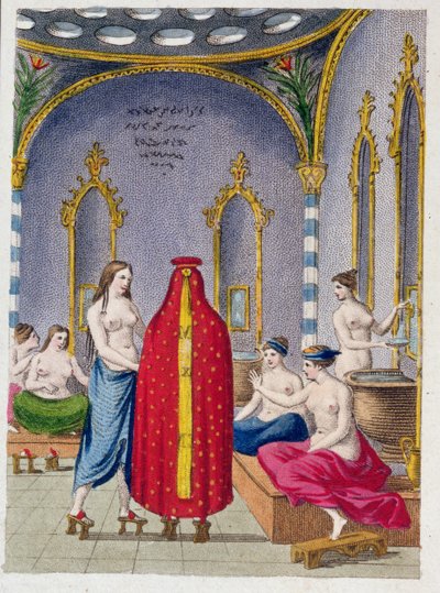 Hammam Turkissa, kuvitettu lautanen Moeursista, A. Castellanin usages et costumes des ottottomans, Pariisi, n. 1810 tekijältä French School