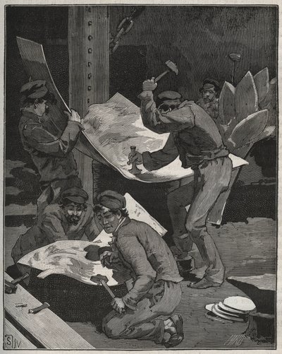 Frederic Auguste Bartholdin (1834-1905) valmistaman Liberten patsaan vasaroiminen ja kokoaminen. Kaiverrus vuodelta 1880 kirjassa "Les arts et metiers illustres", kirjoittanut Adolphe BITARD. tekijältä French School