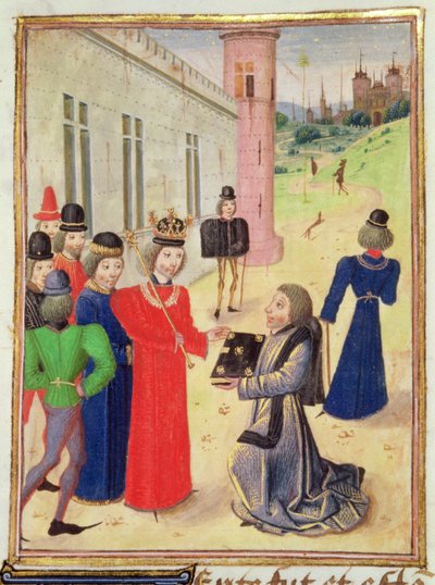 Harl 4380 f.233v Froissart esittelee kirjansa Richard II:lle, Froissart