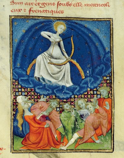 Harl 4431 f.101 Diana ja hänen seuraajansa, hullut (Kuun palvojat), pariisilainen kopio, n. 1410-1515 tekijältä French School
