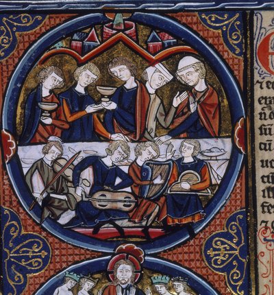 Harley 1527 fol.36v banketti muusikoiden kanssa, 