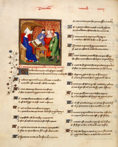Harley 4431, osa II, f.259v Miniatyyri naisesta lukemassa moraalisia sananlaskuja "Proverbes moraux" -kirjan alussa, "The Book of the Queen", kirjoittaja Christine de Pizan, n. 1410-1414 (muste, väri ja kulta velumilla) tekijältä French School