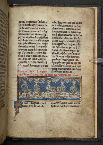 Harley 4979, f.78 Aleksanteri saa myrkkyä Jobaselta juhlan aikana.  , teoksesta "Roman d