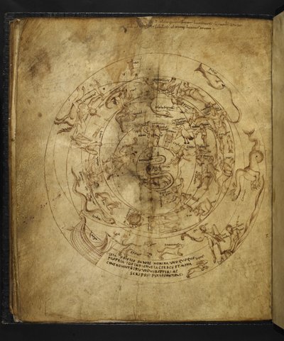 Harley 647 f.21v Kaavio pohjoisesta ja eteläisestä pallonpuoliskosta, Marcus Tullius Ciceron (vellum) teoksesta Aratus. tekijältä French School