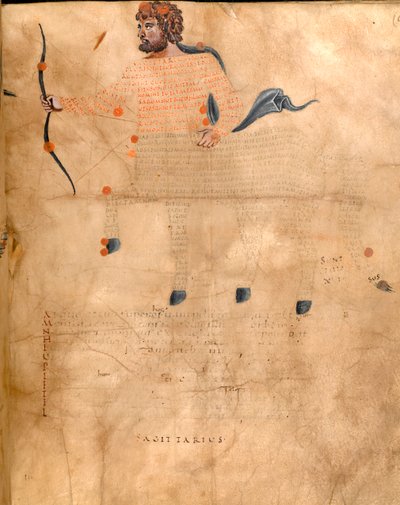 Harley 647, f.3v Kuva Jousimiehen tähdistöstä, Marcus Tillius Ciceron teoksesta "Harley Aratus", n. 1820-40 (vellum) tekijältä French School