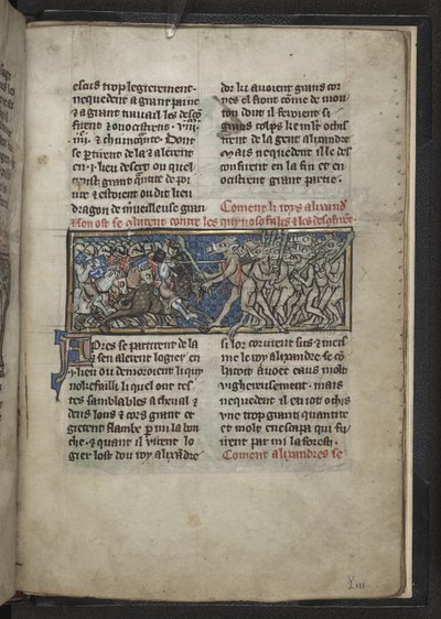 Harley MS 4979 f.72r Alexander taistelee miehiä vastaan, joilla on hevospäät, 