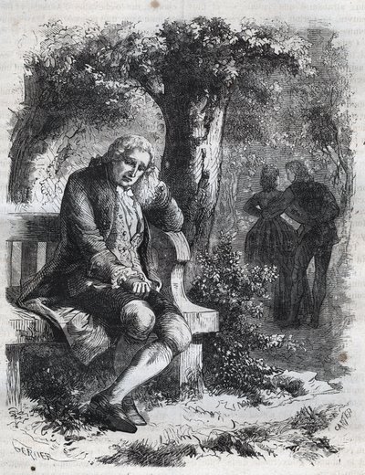 Hän kuuli suudelman kuiskauksen." Sveitsiläinen filosofi Jean Jacques (Jean-Jacques) Rousseau (1712-1778) yllättää kumppaninsa Marie-Theresen (Marie Therese) Le Vasseurin (Levasseur) (1721-1801) täydessä aviorikoksessa. Kaiverrus vuodelta 1871 teoksessa "H tekijältä French School