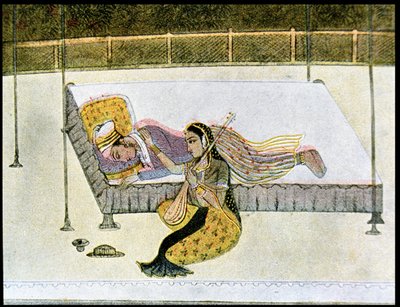 Hän ei ole mitään ilman musiikkia, kuvitus teokseen The Arabian Nights, 1895 (värikaiverrus) tekijältä French School