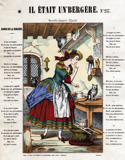 Hän oli paimentar. Lapsen syntymän laulu. Kuva Epinalista 1800-luvulta. tekijältä French School