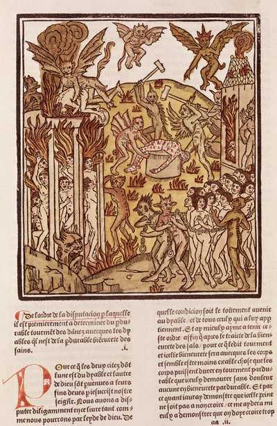 Helvetti, teoksesta "La Cite de Dieu", 1486-87 (ksylografi) tekijältä French School