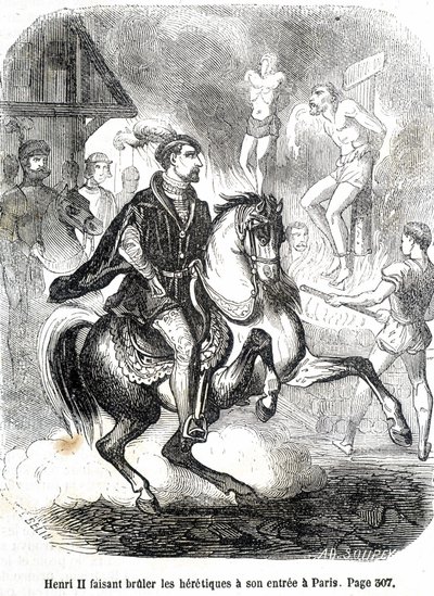 Henri II (1519 - 1559) sai harhaoppiset polttamaan sisäänkäynnillään Pariisiin - L.-P.:n "Histoire de France" -kirjassa. Anquetil tekijältä French School