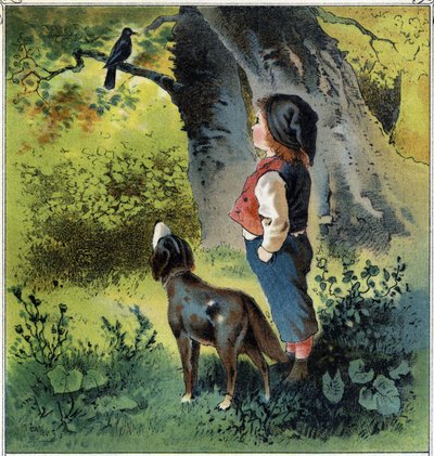 Henri tarkkailee mustarastasta metsässä oksalla, joka palaa elämäänsä, jos hän olisi lintu. Kromolitografia julkaisusta "" Childhood Scenes"" toim. Guerin - Muller noin 1885. tekijältä French School
