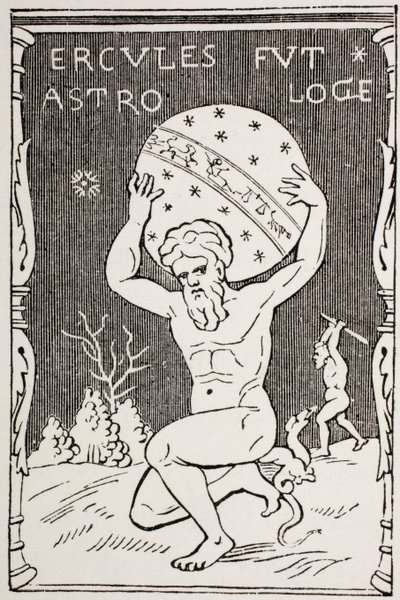 Hercules pitää maailmaa selällään, kun Atlas kerää Hesperidien omenoita Les Arts au Moyen Age -julkaisusta, joka julkaistiin 1873 tekijältä French School