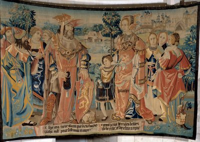 Libyalainen Herkules vaimonsa Galatheen ja poikansa Galathesin kanssa hovimiesten ympäröimänä Alexian kaupungin edessä vuonna 1713 eaa. Arrasin työpajan kuvakudos "Gallien upeasta historiasta". 1530 Beauvais, departementtimuseo th tekijältä French School