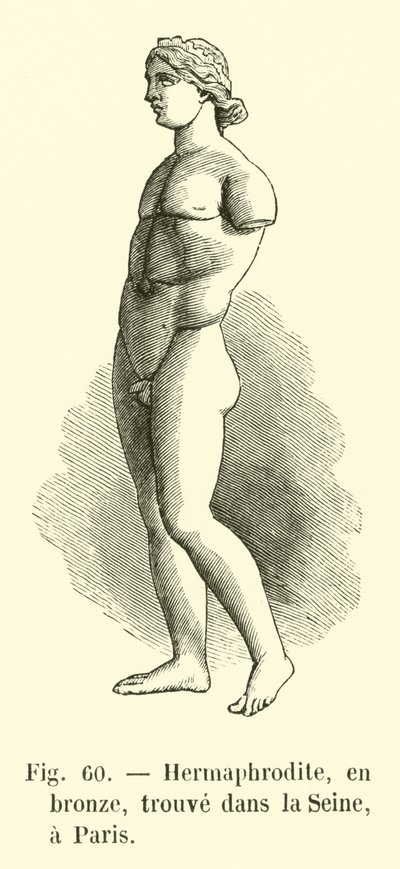 Hermafrodiitti, pronssia, löydetty Seinen uomasta, Pariisi (kaiverrus). tekijältä French School