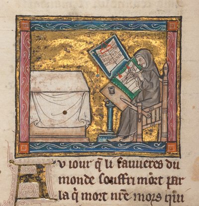 Erakko kirjoituspöydän ääressä, pienoismalli "Estoire del Saint Graal, La Queste del Saint Graal, Morte Artu", n.1315-25 (muste pergamentille) tekijältä French School