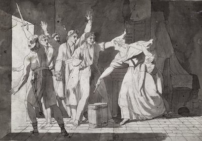 Naisen sankarillisuus, kun hän kohtaa Saint-Mithierin haltuunsa saaneita vendealaisia rosvoja, 1793 (ks. myös 217884). tekijältä French School