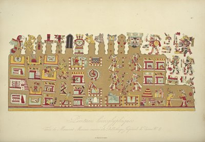 Hieroglyfimaalauksia meksikolaisesta käsikirjoituksesta II, säilytetty Wienin keisarillisessa kirjastossa, kuvitus Alexander von H:n kohdasta Näkymät Cordilleraille ja Amerikan alkuperäiskansojen monumenteille tekijältä French School