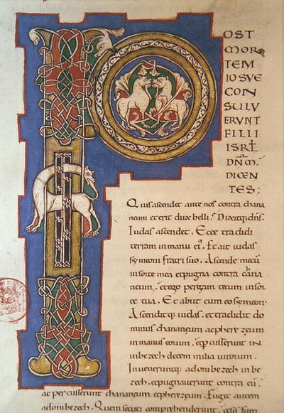 Historiallinen alkukirjain "P", joka kuvaa kietoutuvaa kuviota ja fantastisia eläimiä, Limoges-alkuperää olevasta latinalaisesta Raamatusta, n. 1125 (vellum) tekijältä French School