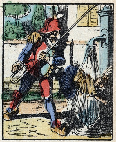 Tri Pulcinellan (Polichinelle) historia. Puukaiverrus Imaging Pellerin - Epinal, sd. 1800-luvun loppu. tekijältä French School