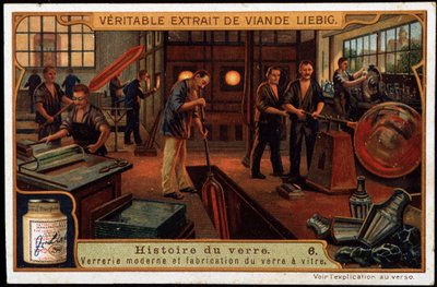 Lasin historia: Nykyaikaiset lasiesineet ja lasinvalmistus 1800-luvun lopulla. 1800-luvun lopun liebig-kromolitografia. tekijältä French School