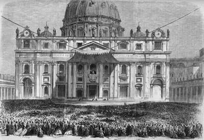 Pyhä viikko Roomassa: näkymä Pyhän Pietarin aukiolle Roomassa (Piazza San Pietro) "urbi et orbi" -siunauksen aikana suurena torstaina ja pääsiäissunnuntaina. Kaiverrus "" Le Monde Illustré" -julkaisussa nro 526, 11. toukokuuta 1867. tekijältä French School