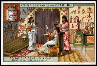 Antiikin kodit: egyptiläinen kylpyhuone - Liebig-mainostarra tekijältä French School