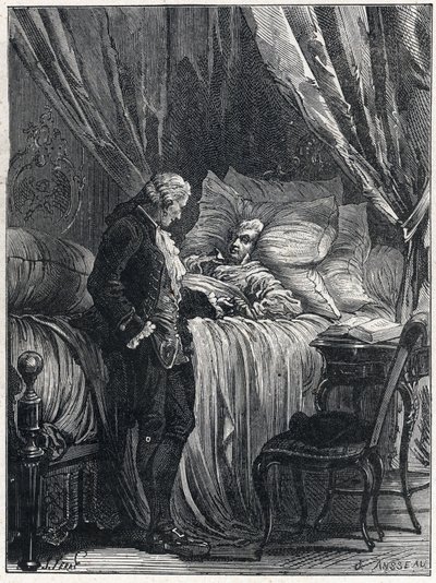 Honore Gabriel (Honore-Gabriel) Riqueti, Mirabeaun kreivi (1749-1791) kuolinvuoteellaan lääkärinsä Georges Cabanisin (1757-1808) kanssa vuonna 1791. tekijältä French School