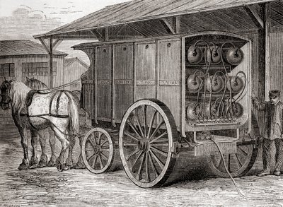 Hevosvetoinen ajoneuvo, jota käytettiin painekaasun kuljettamiseen kannettavissa säiliöissä 1800-luvulla, Les Merveilles de la Science, julkaistu n. 1870 (kaiverrus) tekijältä French School