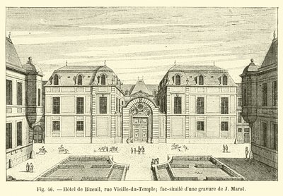 Hotel de Bizeul, rue Vieille-du-Temple; faksimile J Marotin kaiverruksesta tekijältä French School
