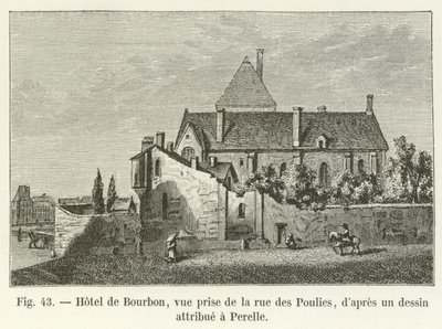 Hôtel de Bourbon, näkymä rue des Poulies -kadulta, Perellelle kuuluvan piirustuksen mukaan tekijältä French School
