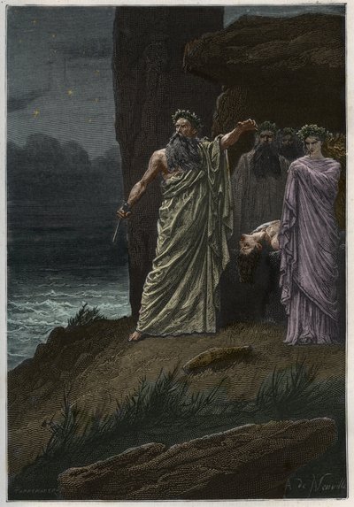 Druidin ihmisuhri Alphonse de Neuvillen jälkeen - Ihmisuhreja uhraavat druidit - kaiverrus kirjasta "" Ranskan historia kerrottiin lapsenlapsilleni"" - kirjoittanut Francois Guizot - 1872-1876 tekijältä French School