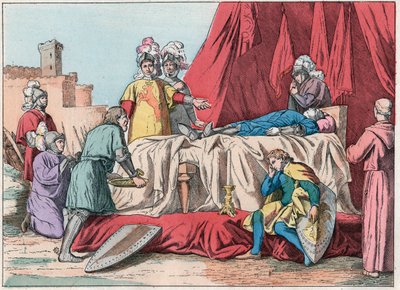 Satavuotinen sota: "" La mort de Bernard du Guesclin (1320-1380) Devant Chateauneuf de Randon le 13/07/1380" - Duguesclinin kuolema (Chateauneuf-de-Randonin piirityksen aikana 13. heinäkuuta 1380) - Kaiverrus 1800-luvun lopusta "" Nos Gires -kirjaan tekijältä French School