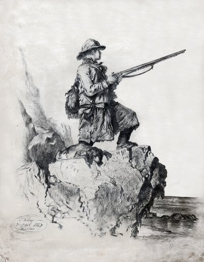 Hunter koiransa kanssa. (piirustus tekijältä French School
