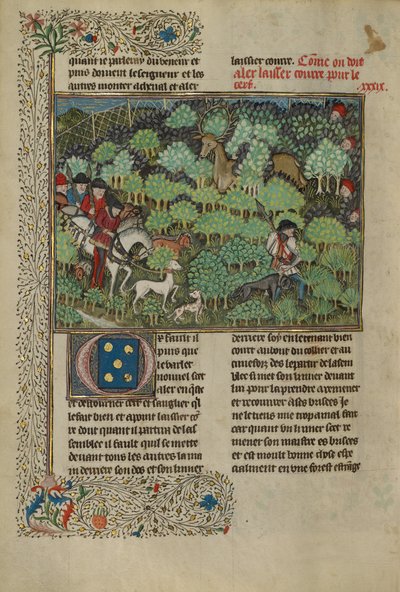 Metsästäjät peuraa jahtaamassa, n.1430-40 (temperavärit, kultamaali, hopea ja lehtikulta). tekijältä French School