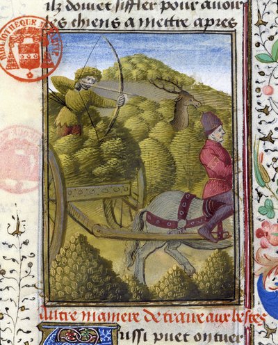 Metsästys peura jousella ja vetokoukulla - kirjassa "Metsästyskirja Gaston Phoebus, Foixin kreivi, Béarnin herra"" tekijältä French School
