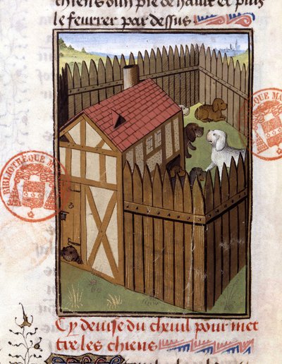 Metsästyskoiria kennelissä - "" Metsästyskirjassa Gaston Phoebus, Count of Foix, Lord of Bearn"" tekijältä French School