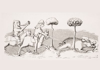 Villisian metsästys koirien kanssa, jäljennös pienoiskuvasta, joka on peräisin Henri de Ferrieresin 1300-luvun käsikirjoituksesta "Livre de Roy du Modus", Paul Lacroix