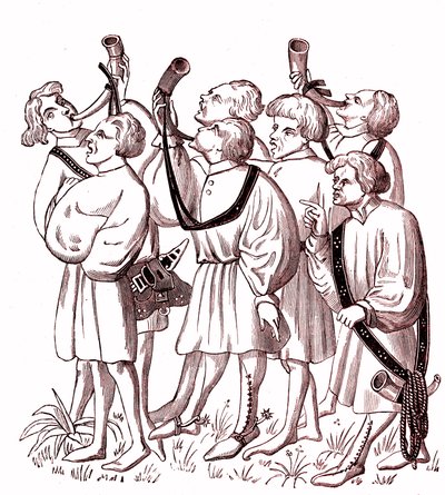 Sarvensoittajien metsästys (1400-luku) - Gaston Phebusin (1331-1391) käsikirjoituksen pienoismallin Simile College tekijältä French School