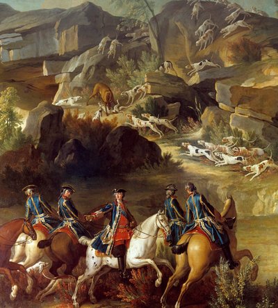 Metsästyspaikka juoksi. Ratsastajat ovat menossa kohti koirien vangitsemaa hirveä. Yksityiskohta nimettömästä 1700-luvun maalauksesta. Gien, metsästysmuseo tekijältä French School