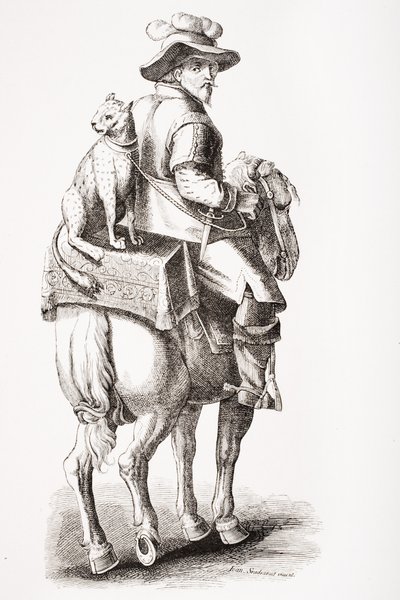 Metsästystä leopardin kanssa, Jan Stradanin (1523-1605) mukaan, Paul Lacroixin (1806-84) teoksesta "Le Moyen Age et La Renaissance", julkaistu 1847 tekijältä French School