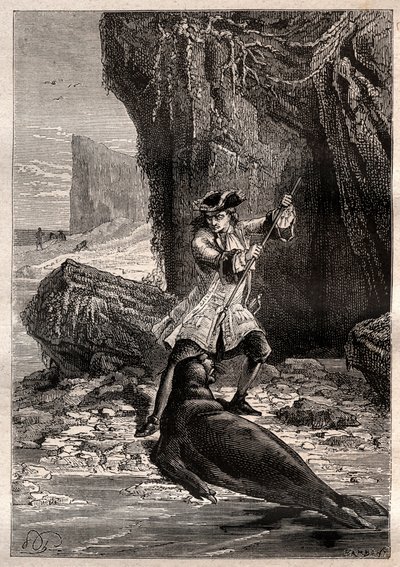Työnsin lapioni hänen rintaansa: merikoira (hylje) hyökkäsi Woodes Rogersin (1679-1732) kimppuun yhdellä Tyynenmeren Galapagossaarella vuonna 1709 - kuva otettu teoksesta "1700-luvun suuret merimiehet" tekijältä French School