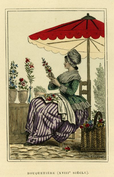 1700-luvun kivikautinen puku. Värikaiverrus, teoksessa "France et les francais a travers les centuries" (Ranska ja ranskalaiset vuosisatojen kuluessa), Augustin Challamel, F.Roy, Pariisi 1882. Selvan kokoelma. tekijältä French School
