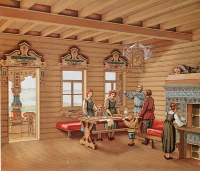 Venäläisen izban idealisoitu sisustus, n. 1880 (värikaiverrus) tekijältä French School