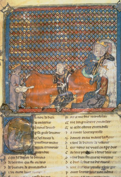 Antologian valaistu sivu, jossa vasemmalta oikealle, Adenet le Roi, herttua Henryn pappi; Flanderin kreivi Guy; Marie, Ranskan kuningatar ja Philip rohkean vaimo (1342-1404); ja Mada tekijältä French School